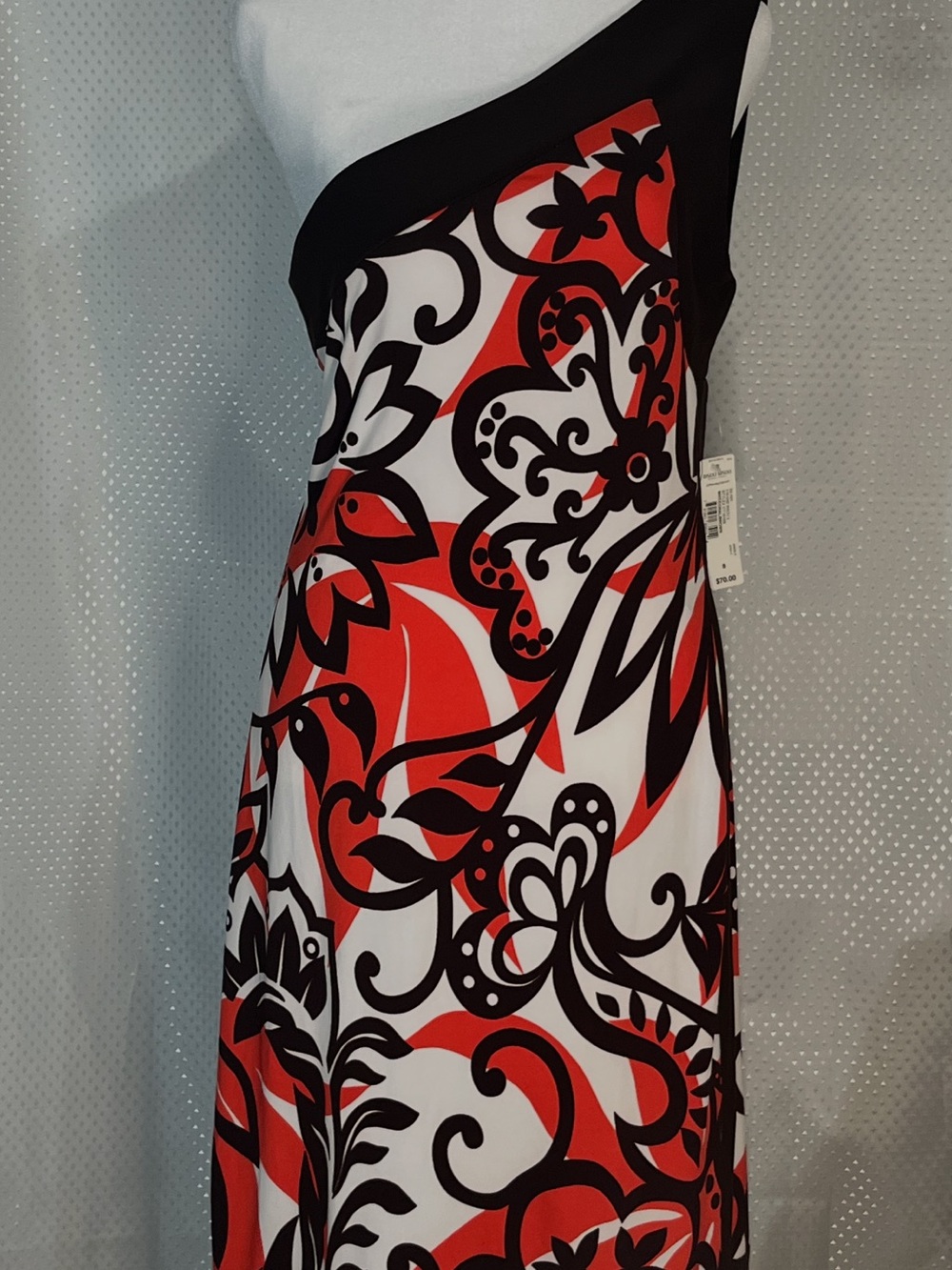Bisou Bisou One-Shoulder Red, Black & White Floral Maxi Dress